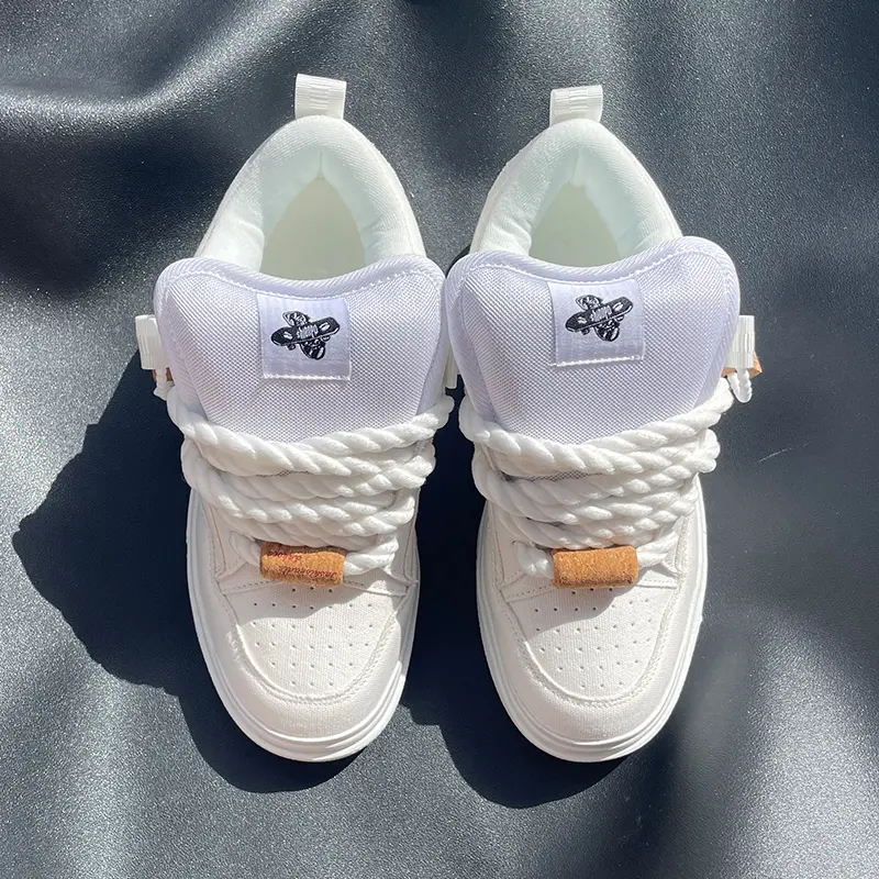 Women's Casual Retro All-White Lace-Up Sneakers - Chunky Rope Laces, 23 Vibe & Lucky 7 Style, Rubber Sole Shoe, Campus & Minimal & Low Casual Trainers, Sizes 36-50 tiktokshopbacktoschool