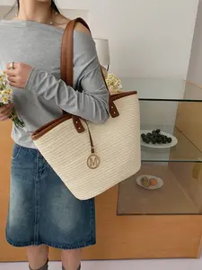 Vintage Patchwork Woven Stylish Tote Bag, Women's Summer Commute Large Capacity Straw Shoulder Bag, Fashionable and Practical Accessory