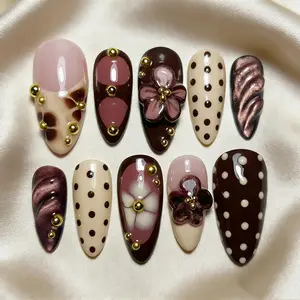Almond Shape Milk Coffee Polka Dot Nail Art, Vintage Milk Coffee & Deep Polka Dots, 3D Flower Gold Beads, Press-On False Nails