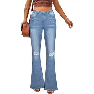 Women's Ripped Flare Bell Bottom Jeans Pants Retro Wide Leg Denim Pants blue
