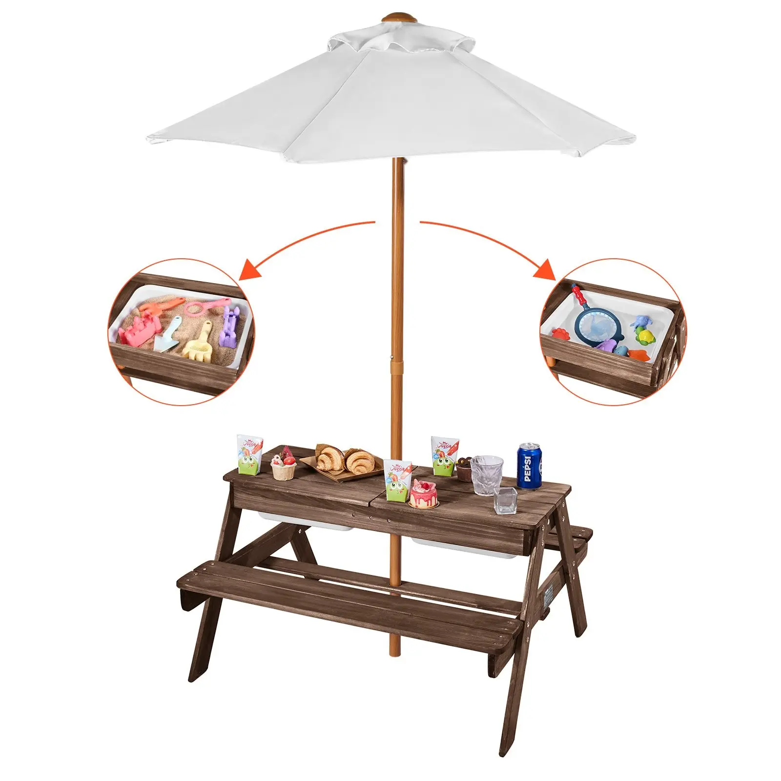 Wooden Picnic Table and Bench Set with Umbrella for Garden and Outdoor Patio, Durable All-Weather Dining Furniture, Weather-Resistant Outdoor Table and Bench Set, UV Protected Wood, Easy-Clean Finish, Family Sized Seats