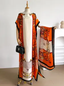 Elegant Floral Maxi Dress Set with Scarf Headband, Casual Boho Breathable Woven Fabric Shawl, Thin Design, Perfect for Summer, Beach & Sun Protection