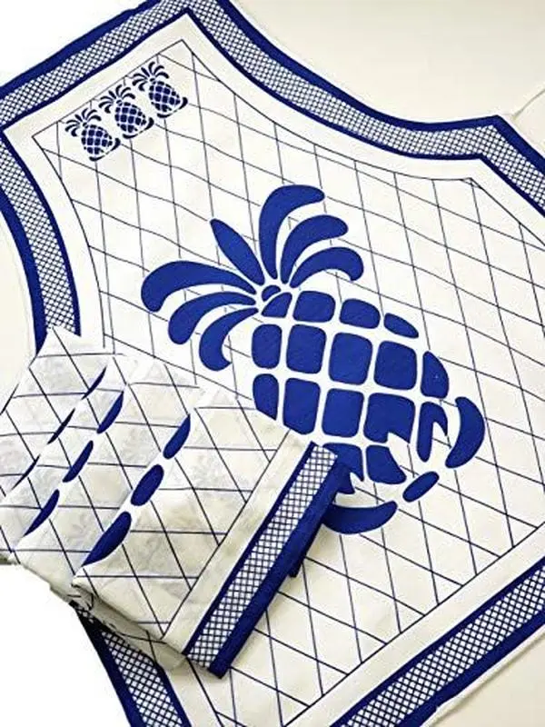 Washable Fruit Motif Kitchen Cloth & Apron Pack - Pack of 6 White-Blue Pineapple Cloths, 1 Matching Apron, Removable Reusable Home Cleaning Supplies, Washable Cloth