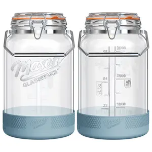 2 Pc 1 Gallon Glass Jars with Airtight Lids, Wide Mouth Mason Jars with Clip Top & Stainless Steel Handle & Silicone Base, Glass Storage Containers for Kitchen Storage, Pickling-Dual Scale