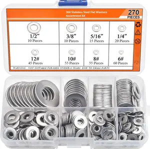 270 count 8 Sizes Stainless Steel Flat Washers Assortment Kit, 1/2 3/8 5/16 1/4 12# 10# 8# 6#