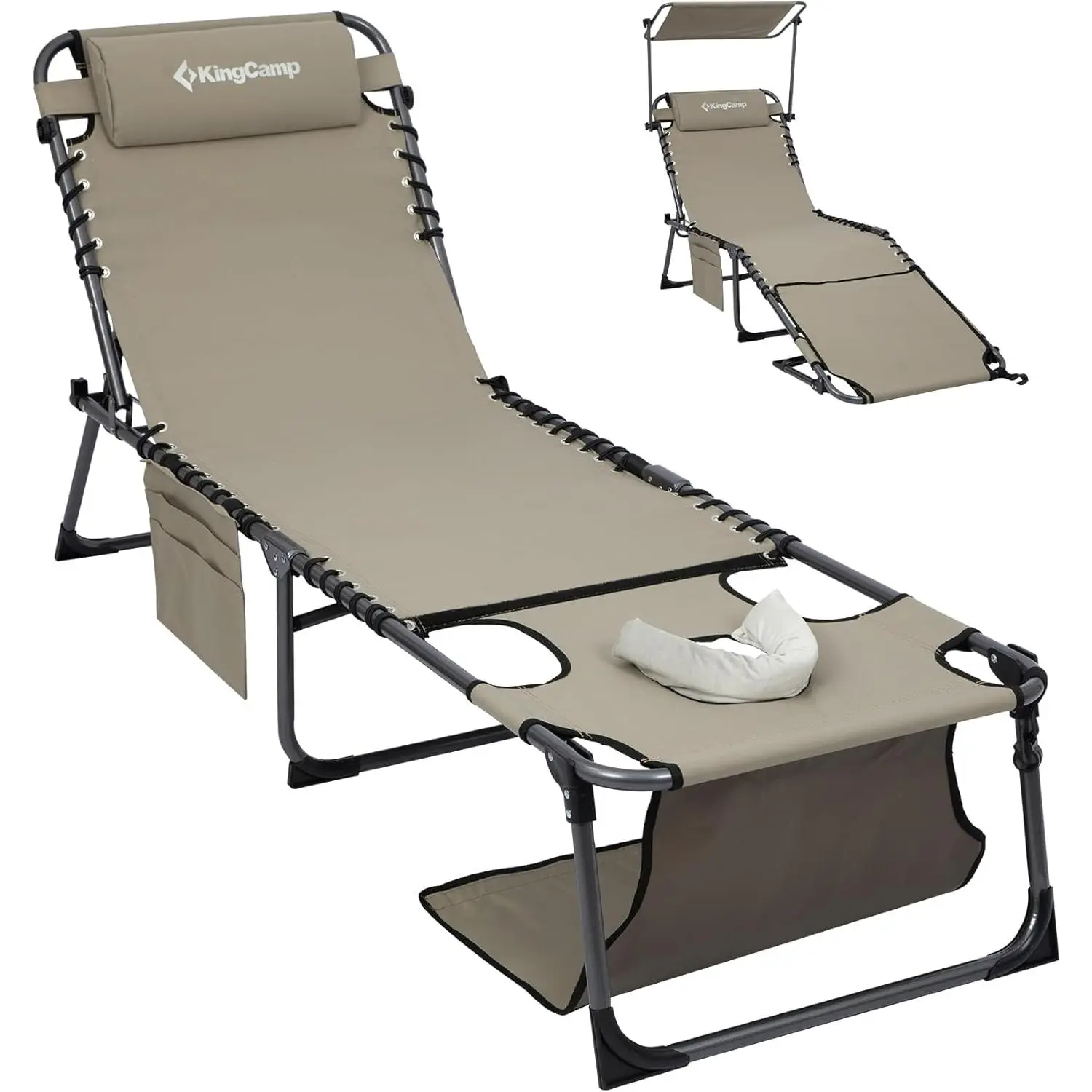 KingCamp Adjustable Foldable Sunlounger with Face Hole, Canopy Shade - Bungee Cord Suspension, Collapsible Frame, 5-Position Recline (120°-180°), 400LBS Durable Fold Sunlounger, Anti-Pinch Mechanism for Beach, Patio, Adjustable Foldable Sunloungers, Colla