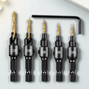 Titanium Coated Countersink Drill Bit Set 5pcs Hex Shank Drill High Precision Spiral Woodworking Tools for #5-#12 Screws Fast Drilling Solution DIY Furniture Installation Hardware Tool Kit Self-Tapping Screw Pre-Drilling Professional Wood Drill Bits