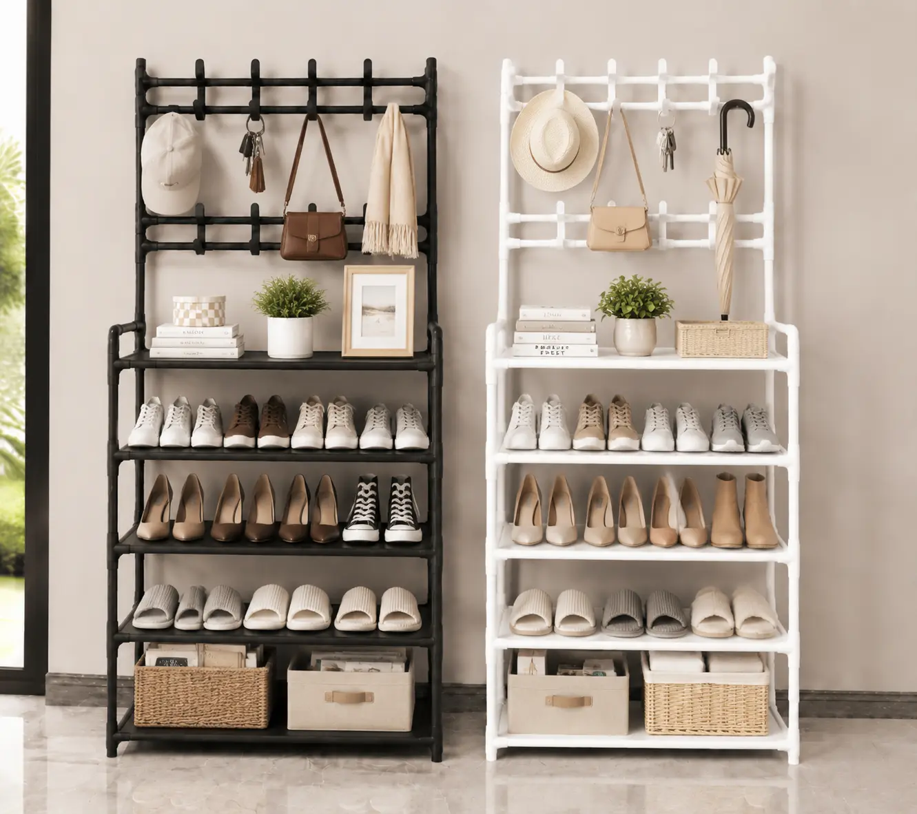Multi-Tier Entryway Shoe Rack with Coat Hooks, Home Organizer Standing Shelf Unit for Hallway, Apartment Dorm Storage Solution