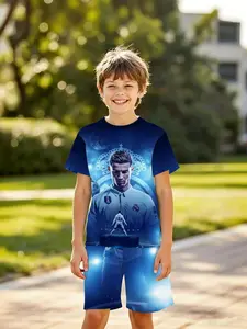 Boys' 3D Short Sleeve Set, C Ronaldo Real Madrid 7 Number, Outdoor Wear, Holiday Gift, Birthday Present, 2026 World Cup