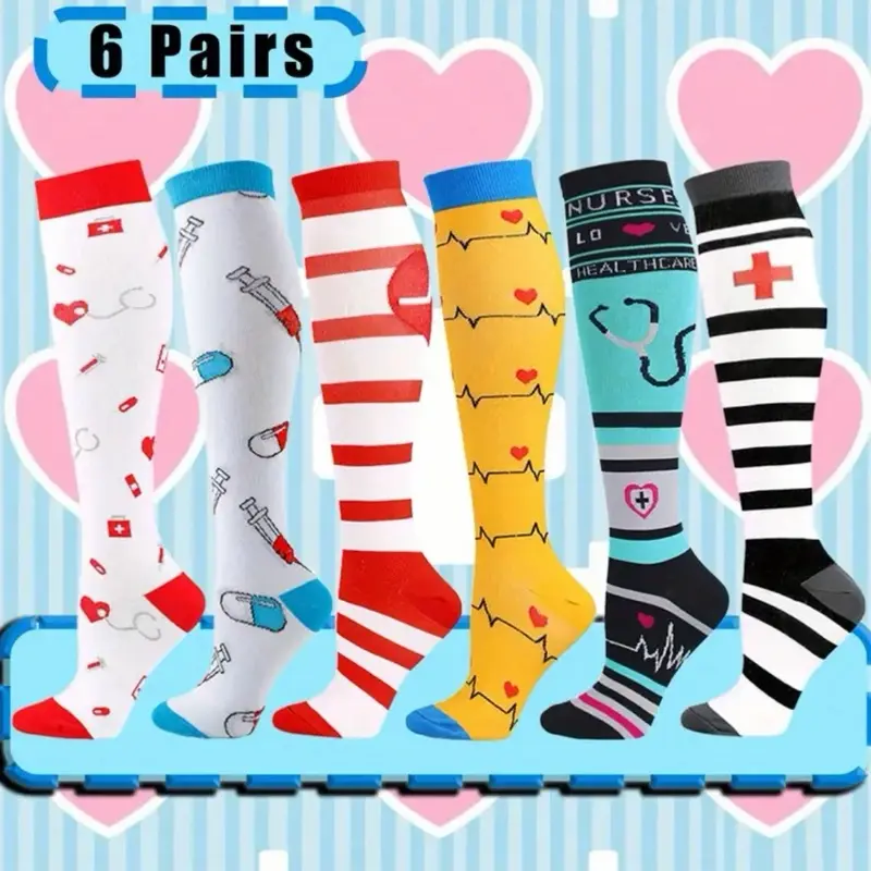Medical Theme Compression Socks Set 6 Pairs with Heart & Symbol Designs for Comfort Style Everyday Menswear Man Outfit
