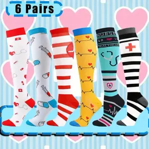 Medical Theme Compression Socks Set 6 Pairs with Heart & Symbol Designs for Comfort Style Everyday Menswear Man Outfit