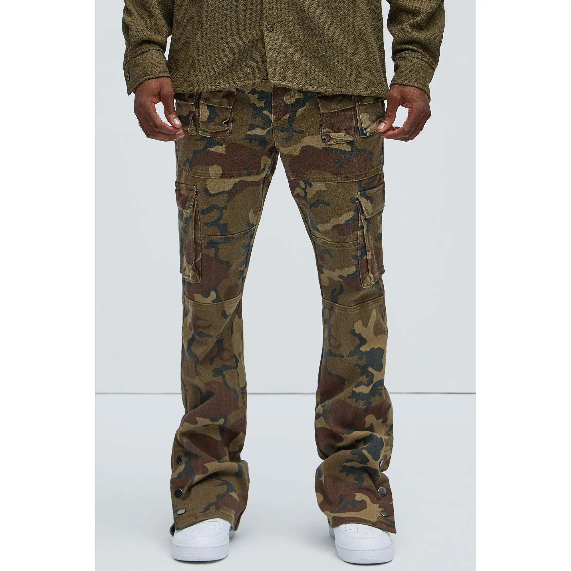 Snap At It Cargo Stacked Skinny Flare Pants - Camouflage