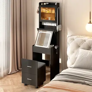 Small Vanity Desk with Mirror and LED Lights, Makeup Table with Charging Station and Storage Shelves for Small Space, Compact Mini Corner Vanity Set with Hidden Storage Stool for Bedroom