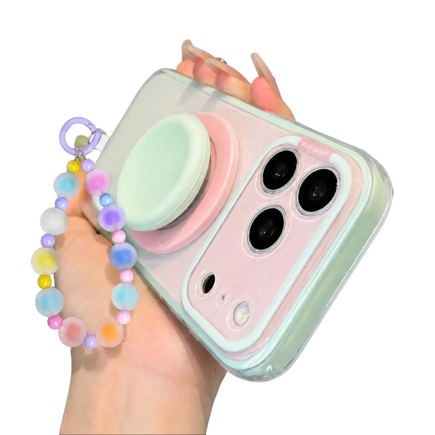 Cute Pastel Gradient Magnetic Case with Grip Stand & Optional Beaded Wrist Strap for iPhone 17 Pro Max 16 15 14 Pro Max, Compatible with MagSafe, Clear Shockproof Protective Phone Cover
