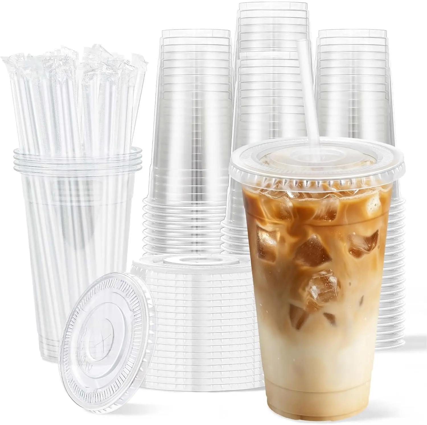 [USA - STOCK] 100 Pack 20 oz Disposable Clear Plastic Cups with Lids and Straws, Leak-Proof Sturdy Cold Drink Cups for Iced Coffee, Smoothies, Juice, Parties & Business