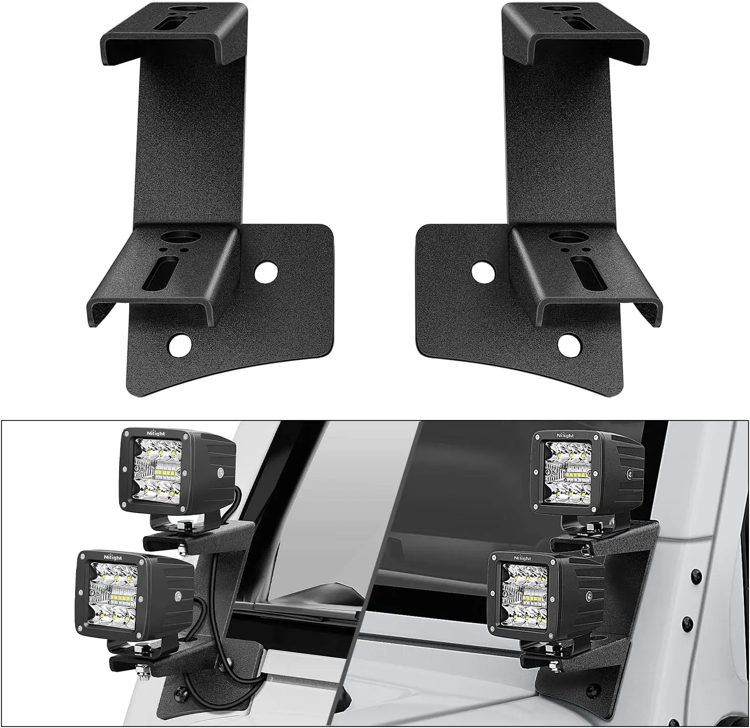 Nilight 2PCS Adjustable Dual-Mount A-Pillar Car Lighting Bases, Pre-Drilled Windshield Hinge Mounting Brackets for Off-Road Lights, Compatible with 2007-2017 Wrangler JK/JKU 2DR/4DR