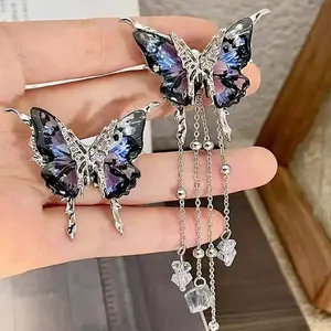 Stylish Blue Butterfly Drop Earrings with Elegant Tassel Pendants, Perfect Jewelry for Women'S Holiday Parties