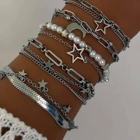 5 Piece Silver Color Fashion Double Layer Jewelry Bracelet Set, Bracelet Bundle, Multilayered Bangles, Multi-Layer Stacking, Stackable Bracelets, Perfect for Parties and Gatherings, Friendship Bracelets