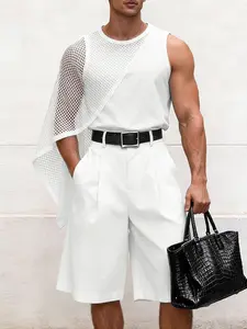 INCERUN Men's Casual Fashion Set, Deconstructed Mesh Patchwork Top + Solid Color Shorts Two-Piece, Ideal for Daily Wear