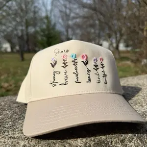 Floral Embroidered Trucker Hat - She is Strong Brave Fearless Loving beautiful - Beige Baseball Cap for Women