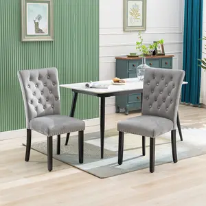 Velvet Fabric Dining Chair, American-Style Rural and Post-Modern Style Unique Design with Tufted Dining Room Chair Set of 2 (Grey)