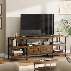 Brown 71inch Modern-Industrial TV Stand with 2 Fabric Drawers Entertainment Center for TVs Up to 75inch Rustic Brown Media Console with Storage Shelves Open Design and Metal Frame Brown, Tv Console Cabinet, Tv Shelf