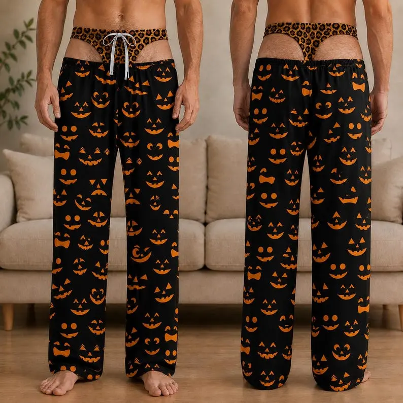 Funny Halloween Pajama Bottoms for Men, Custom Name Lounge Pants, Novelty Boxer Print Sleepwear, Spooky Season Gift for Him