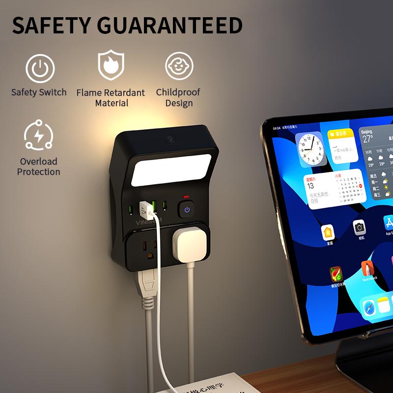 night light wall socket, 4 AC sockets with overload protection, maximum power of 1250W, 10A, 2 USB 2 Type-C, suitable for home, office, travel and computer.