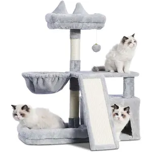 Cat Tree with Condo, Basket, Large Bed, Platform, Scratch Board, Cat Scratching Posts for Indoor Cats, Light Gray