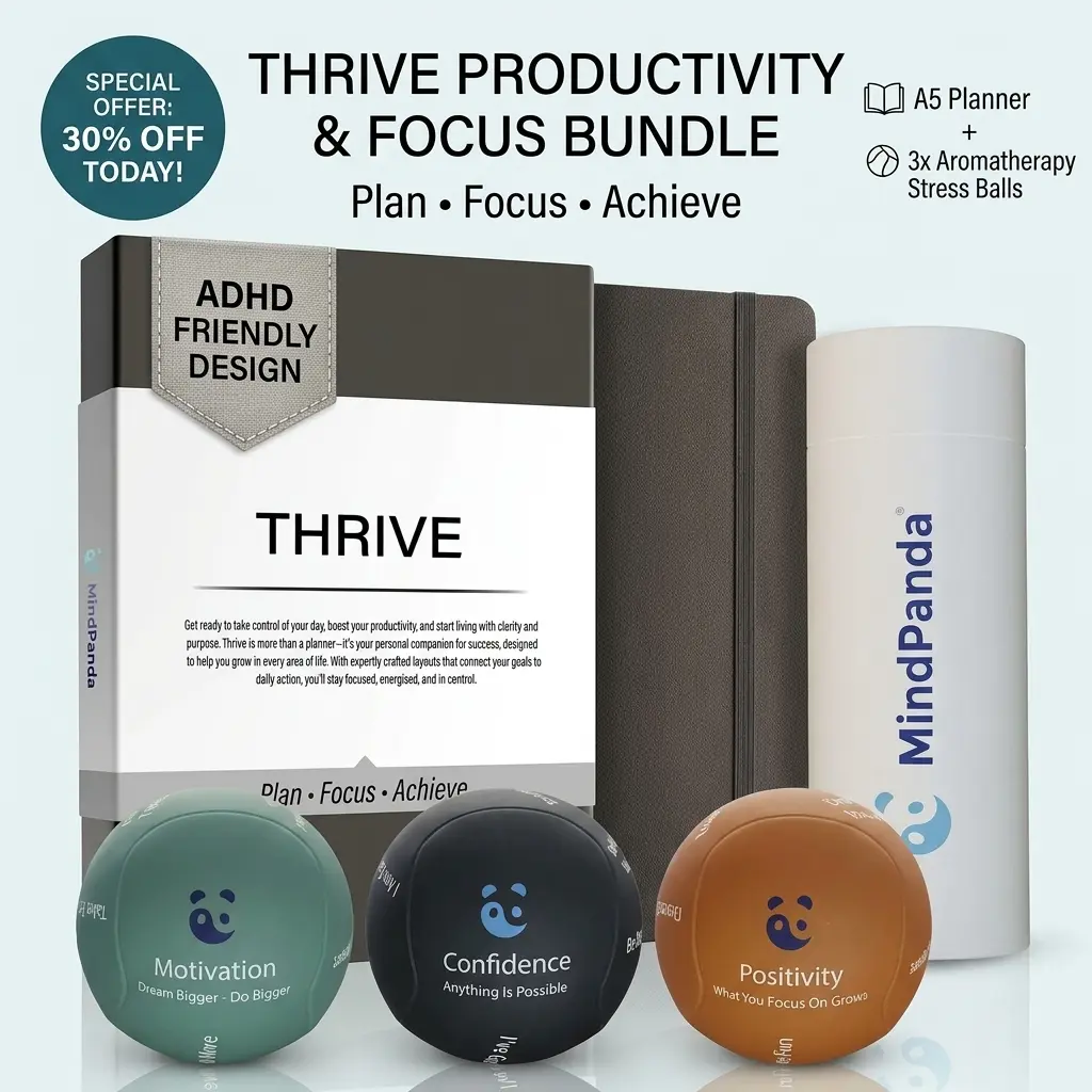 MindPanda Thrive Bundle – A5 Productivity Planner & 3x Aromatherapy Motivational Stress Ball Set | Desk Focus & Stress Relief Set