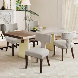 Upholstered Dining Chairs Set,Mid-Century Modern Kitchen & Dining Room Chairs with Nailhead Trim,Linen Fabric Side Chairs with Curved Wingback&Solid Wood Legs