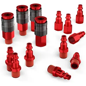 Universal Air Hose Fittings, 1/4 Inch NPT Quick Connect Air Coupler and Plug Kit, Aluminum Air Compressor Fitting Set, Industrial Pneumatic Air Tool Adapter Accessories - 14 Pieces Red