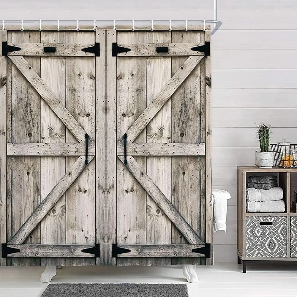 Rustic Wooden Vintage Farmhouse Country Barn Door Shower Curtain with 12 Hooks, Waterproof Garage Cabin Shower Curtain