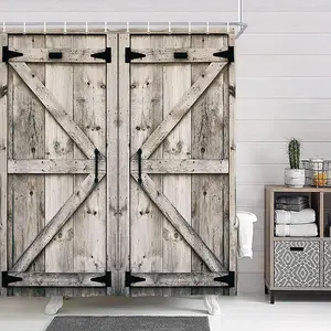 Rustic Wooden Vintage Farmhouse Country Barn Door Shower Curtain with 12 Hooks, Waterproof Garage Cabin Shower Curtain