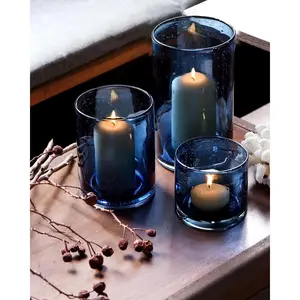 Blue Candle Holder for Pillar Tealights Modern Bubbles Glass Hurricane Cylinder Vases Table Centerpieces Indoor and Outdoor Use Dining Table Coffee Bar 8" 5" 3.5" Height Set 3