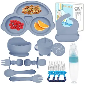 Silicone Baby Feeding Set, Baby Led Weaning Supplies Kit With Suction Bowl & Car Plate, Bib, Spoon, Fork, Cup - Food-Grade Silicone, Dishwasher-Safe, No BPAs - For 3+ Months