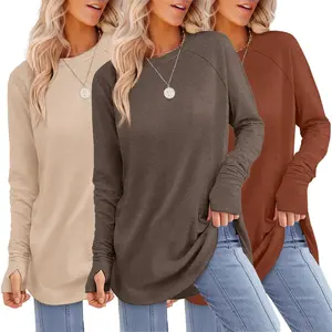 brandedbyvita Women's Essential Long Sleeve Round Neck Tunic Tops - Curved Hem, Fitted Medium Length, Soft Minimalist, Vest-Puffer Compression Design, for Leggings, Joggers, Gym, Autumn Casual, Blazer Pairing
