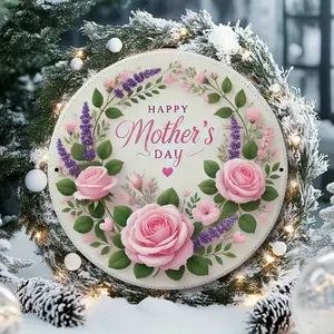 Happy Mother's Day Round Iron Wreath Sign, Vintage Floral Design with Pink Roses and Green Leaves, Easy To Hang for Indoor/outdoor Decoration - A Perfect