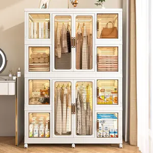 Portable Wardrobe Closet Storage Organizer for Clothes,Clothes Dresser,12 Magnetic Doors-12 Cubes & 2 Hanging Rod,16 pcs hangers , Baby Wardrobe Storage Cabinet,White