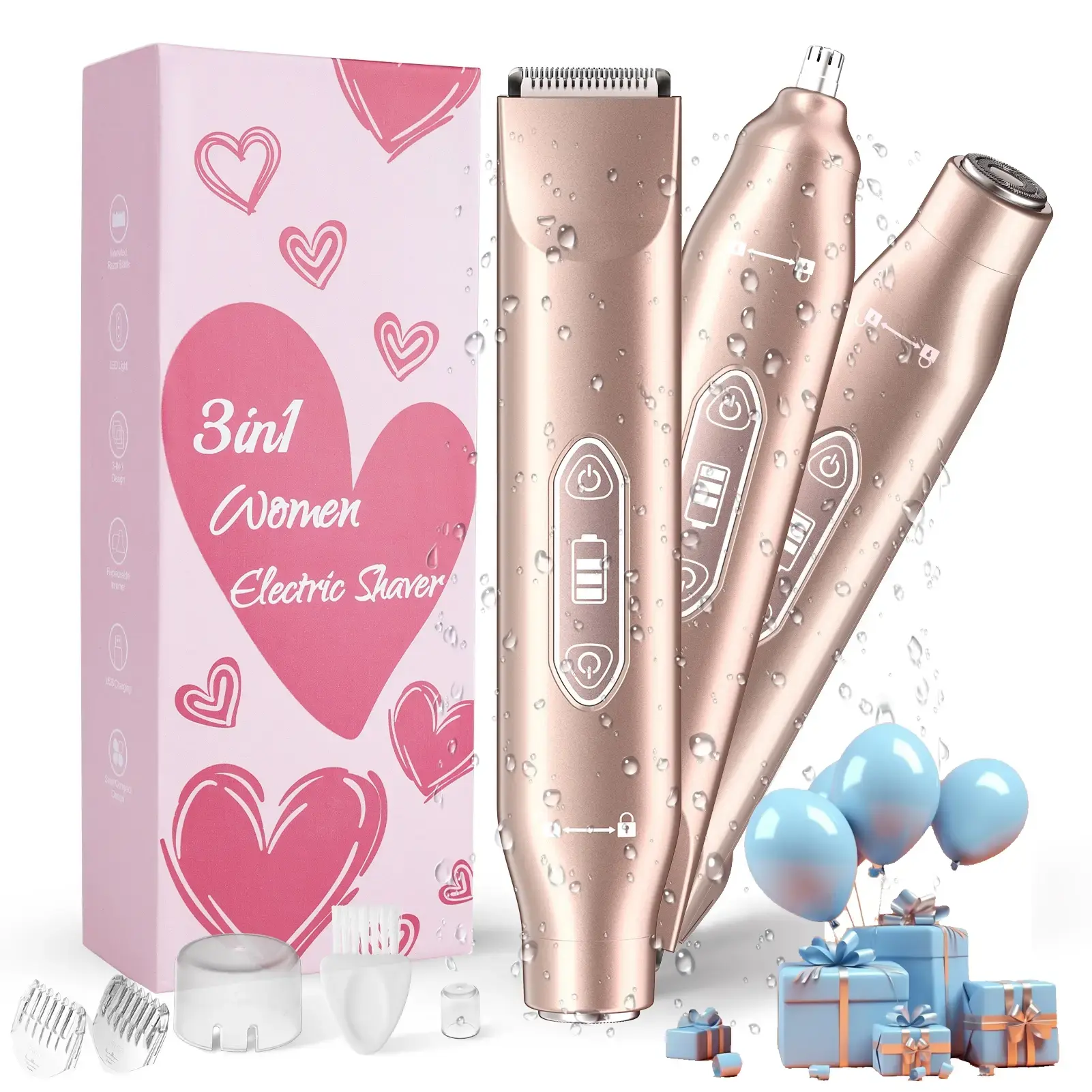 Women's 3-In-1 Rechargeable Bikini Trimmer, Ipx7 Waterproof Electric Razor, Dual Head Design, Double Head Shaver for Sensitive Skin, Perfect Travel Gadget, Cordless Rechargeable Shaver