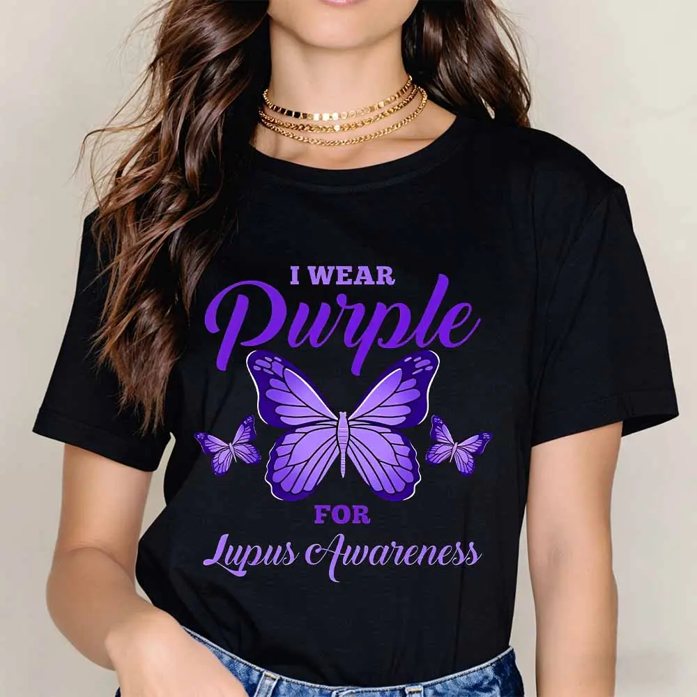 I Wear Purple For Lupus Awareness Butterfly Print T Shirt Black Casual Loose Fit Tee For Everyday Wear And Sports Activities