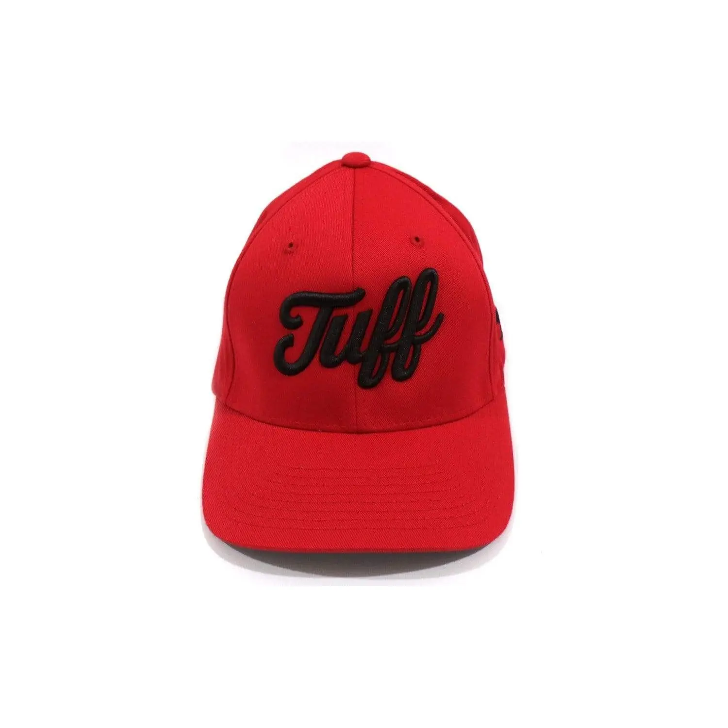 TUFF Script Red Flexfit Fitted Hat - Stylish Embroidered Hat with Bold 3D Puff Embroidery, Unisex Size, 63/34/3 Polyester-Cotton-Spandex Twill Blend, Anvil Detail, Script Logo, for Casual Wear