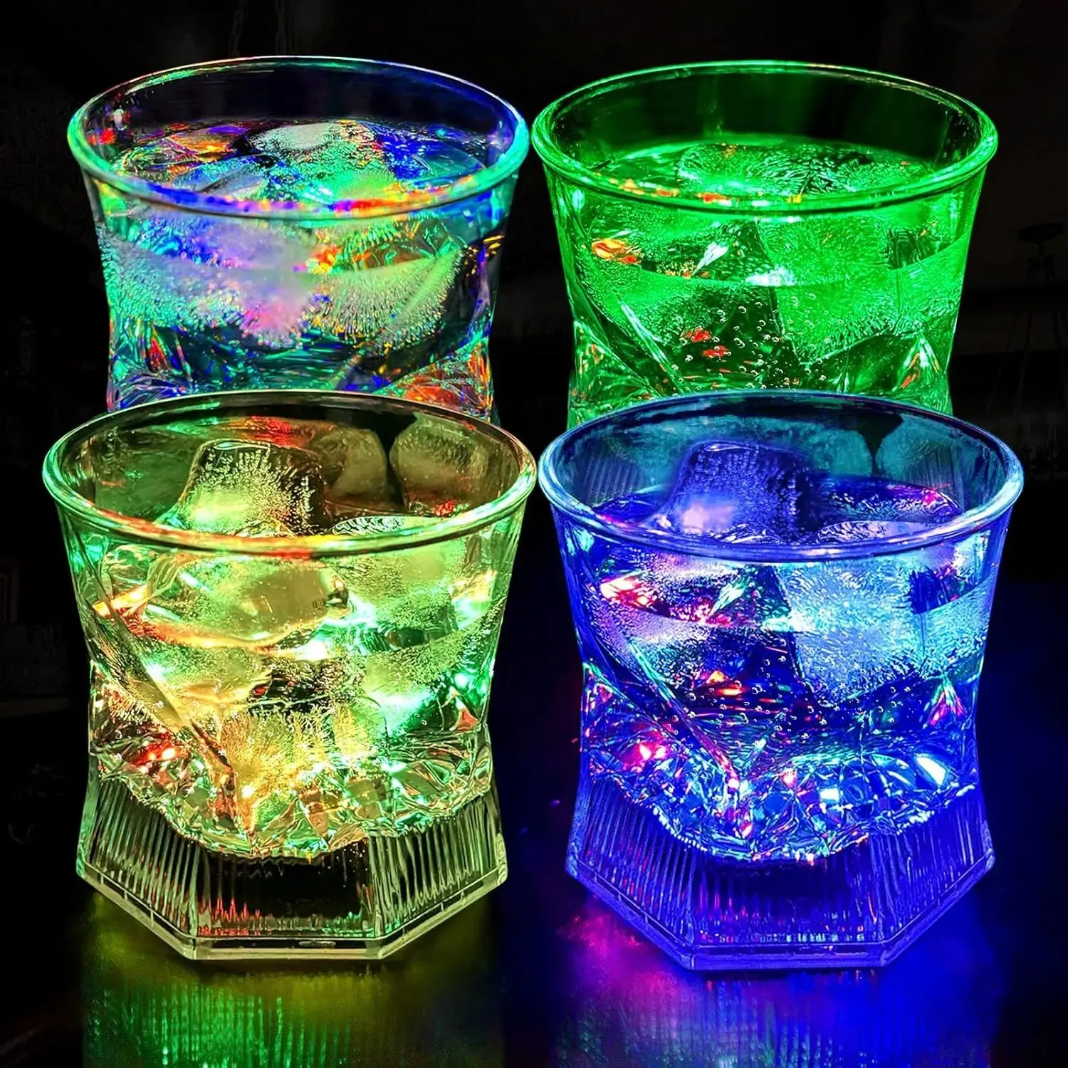 10oz Auto-Lighting Hard Acrylic Old Fashioned Glassware Set of 4 - Plastic Multicolor Glow Tumblers with Preinstalled LEDs, Unique Lines, Automatic On & Off for Bar, Party Drinks (Water, Beer, Cocktail), Durable