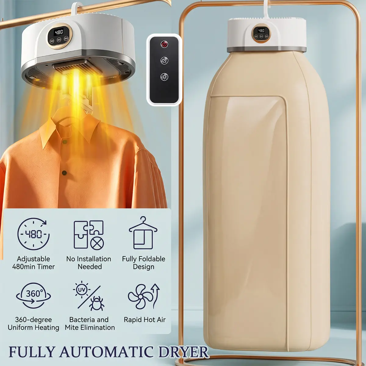 【 Back to School Gift】600W 480-Min Timer Electric Clothes Dryer, 360° Hot Air Laundry Dryer with UV Sterilization & Mite Removal, Foldable No-Installation Design, Safe for Silk, Cotton, Wool & Fleece, 29x22cm Portable Body
