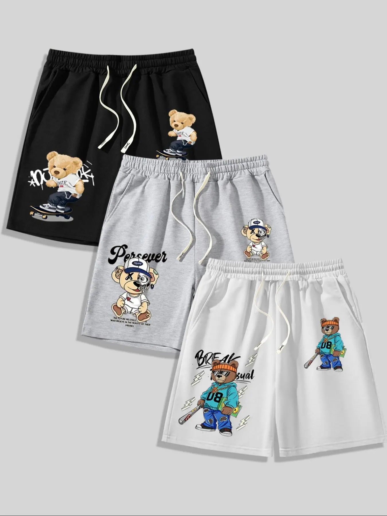 Men's Bear Print Drawstring Waist Shorts, Casual Regular Fit Letter Print Track Shorts for Summer, Men's Bottoms for Daily Wear, Graphic Print Shorts, Casual Fashion Shorts