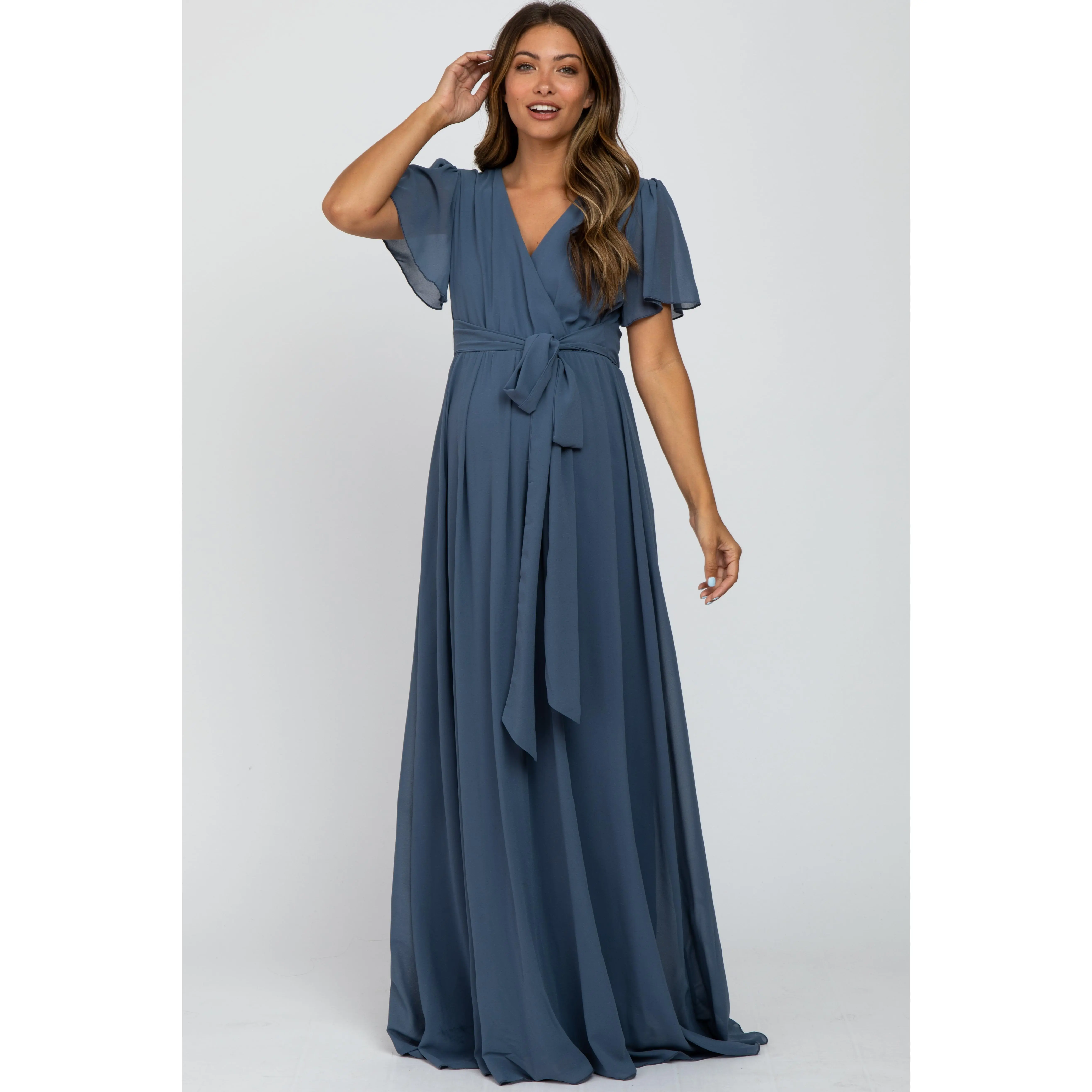 Blue Chiffon Short Sleeve Maternity Maxi Dress