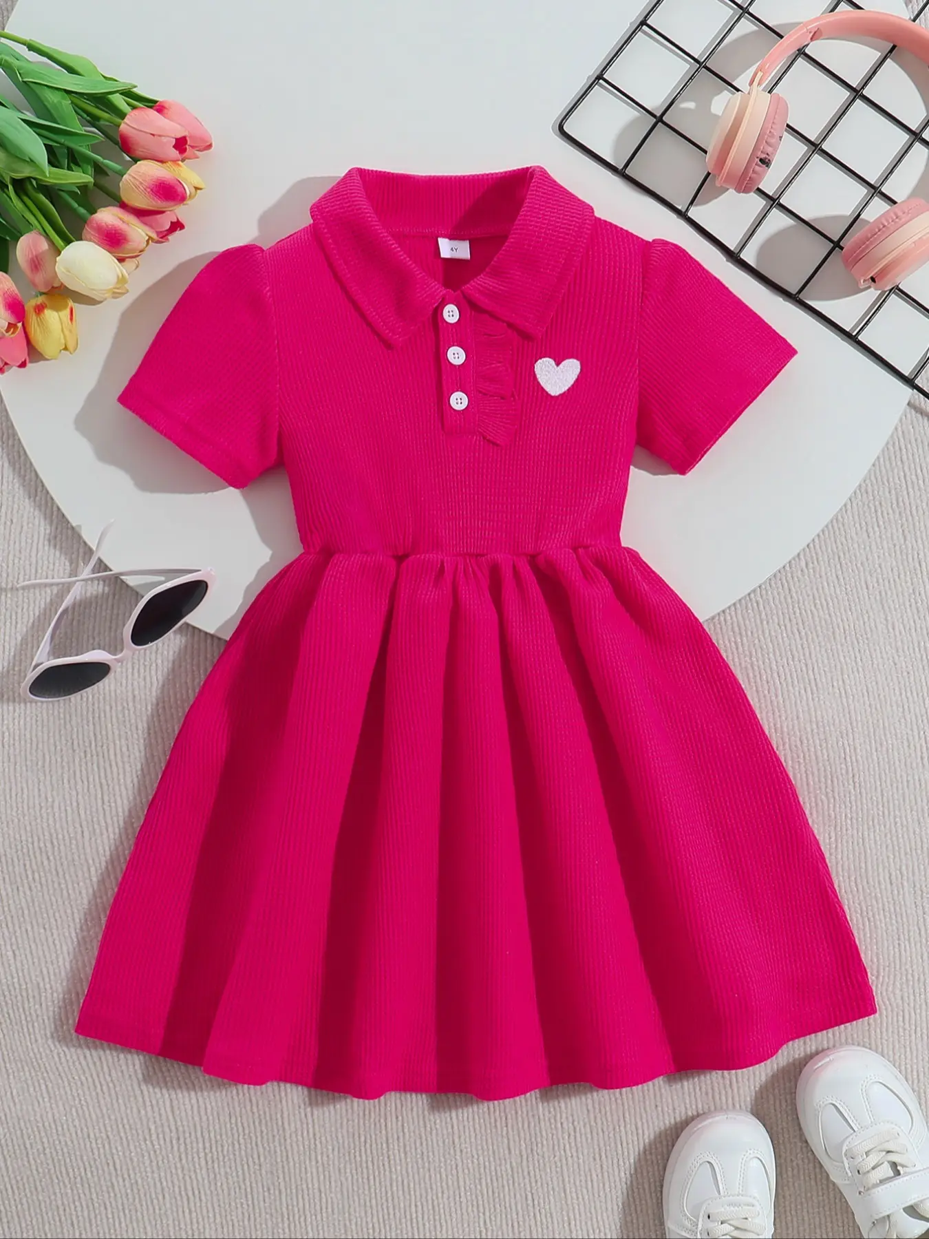 Summer Casual Dress for Young Girls, Summer Cute Dresses, Lapel Neckline Half Button Front, Heart Embroidery Patchwork Design, Outdoor Sports Style