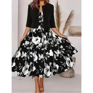 Women’s Long Dress — 2025 Autumn New Arrival: two-piece set featuring a floral print round-neck dress and coat; elegant retro cotton casual A-line skirt; bohemian asymmetrical swim cover-up; openwork off-shoulder maxi dress; women’s Easter dress