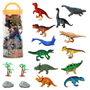 12 Mini Dinosaur Figurines in Jar – PVC Realistic Dino Set with Trees & Stones, Toddlers Ages 3+, Party Favors Sensory Play Preschool Gift for Boys & Girls