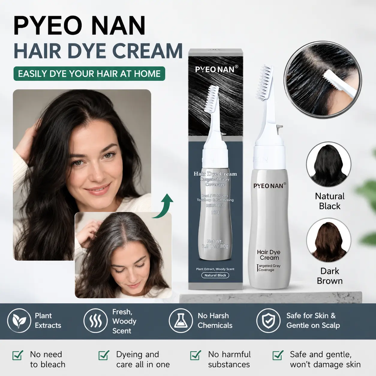 PYEONAN Hair Dye Cream for Gray Hair Coverage, Unisex Ammonia-Free Herbal Extract Formula, No Mixing Required, Easy At-Home Root Touch-Up & Full Coverage, Long-Lasting Black or Dark Brown Hair Color, Gentle Hair Care Dye for Men & Women